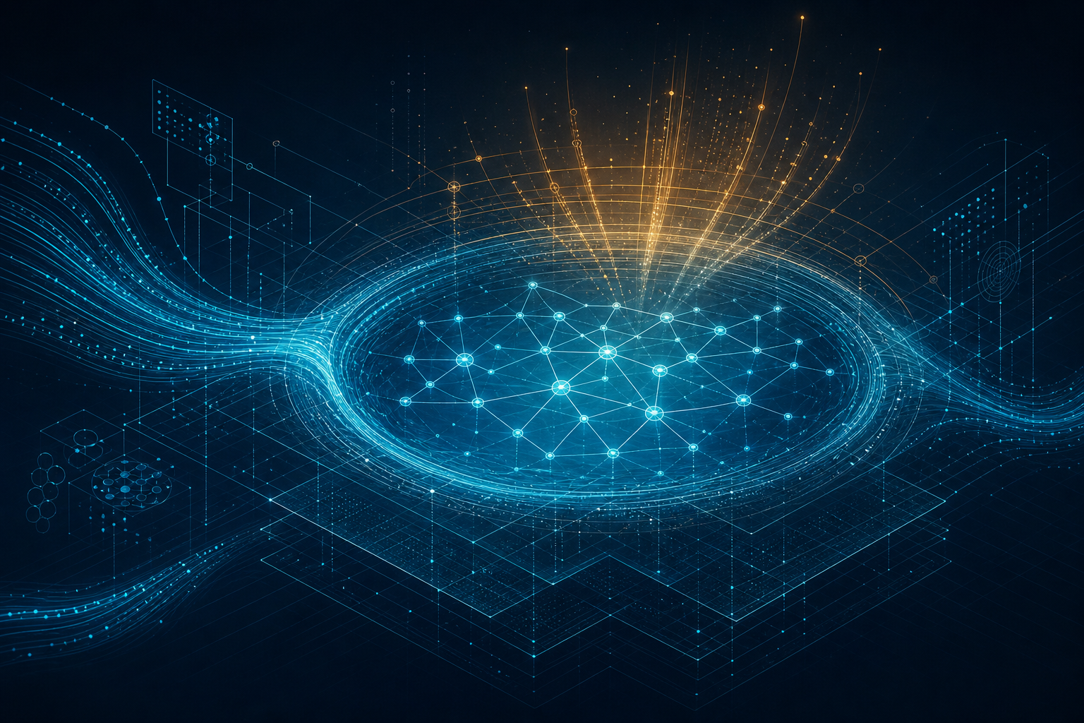 Abstract visualisation of connected enterprise data flowing into a governed pool